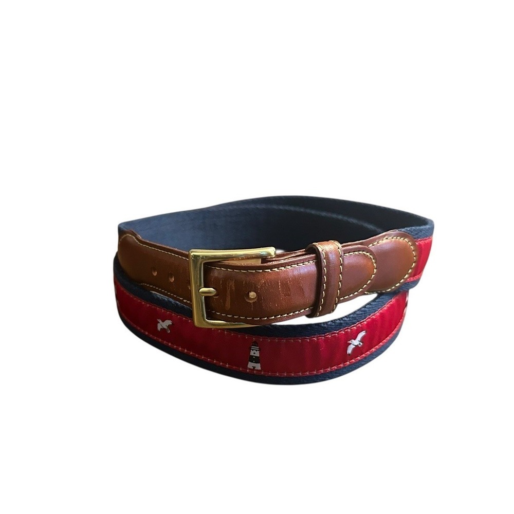 Brooks Brothers Nautical Belt Canvas Leather Brass Buckle 40 Lighthouse Seagulls